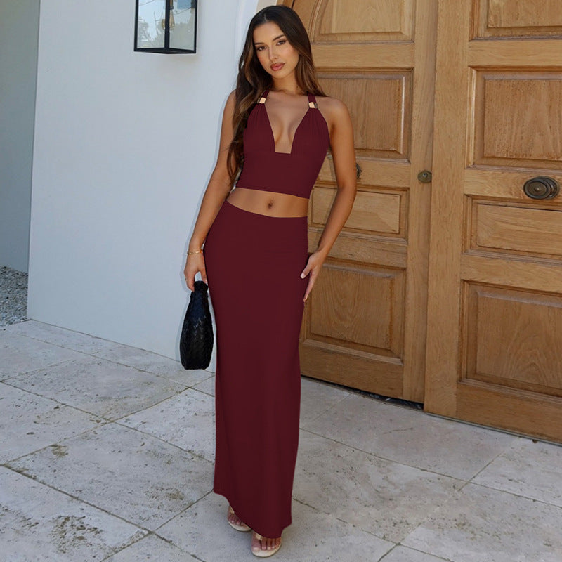 Burgundy Halter Neck Top With Skirt Co-Ord Set