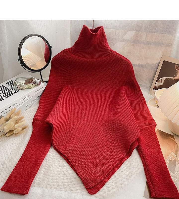 Red Full Sleeve Turtle Neck Asymmetrical Hem Sweater
