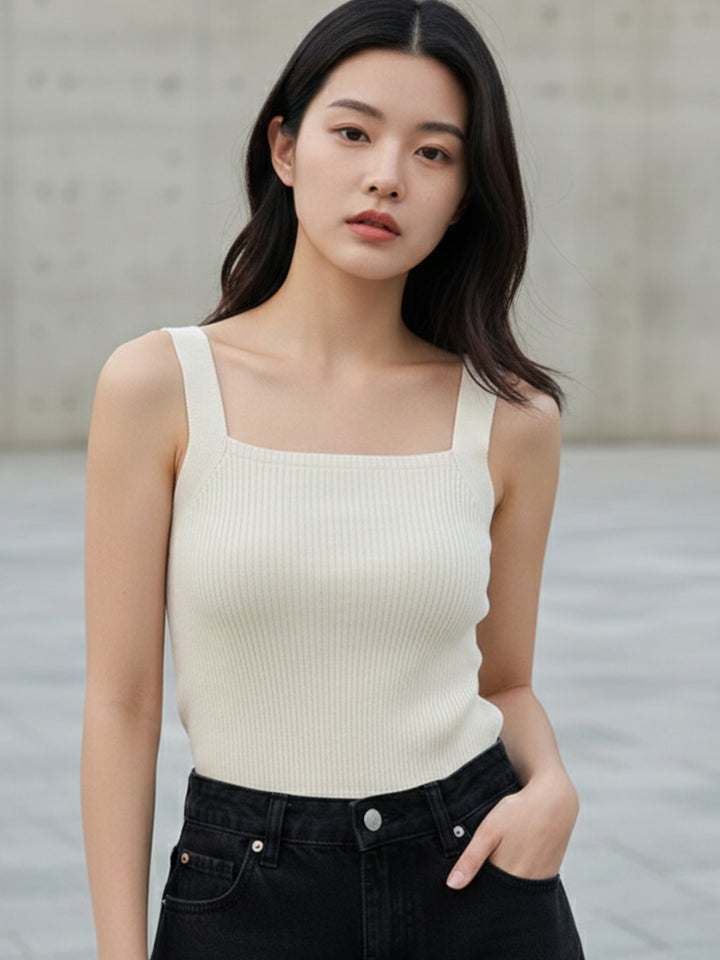 Off White Shoulder Strap Fitted Tank Top
