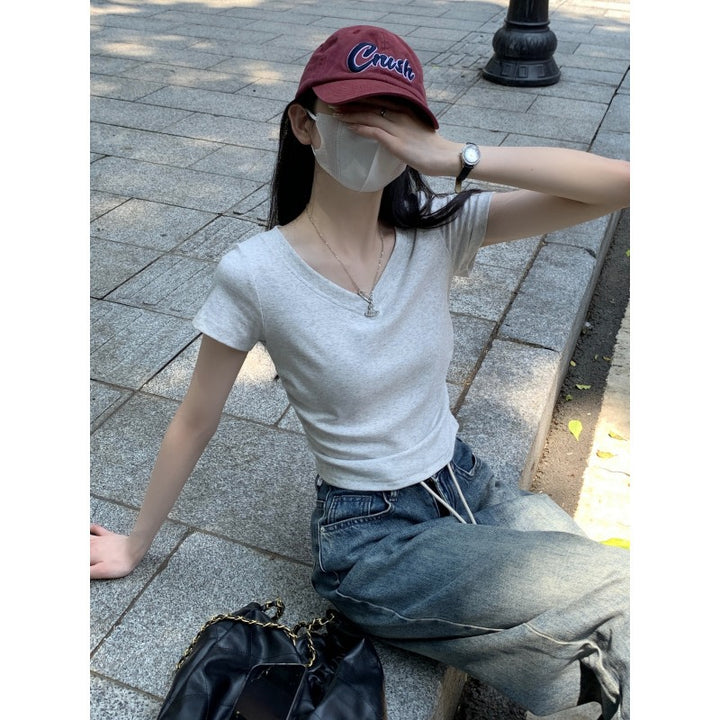 Grey V Neck Fitted Top
