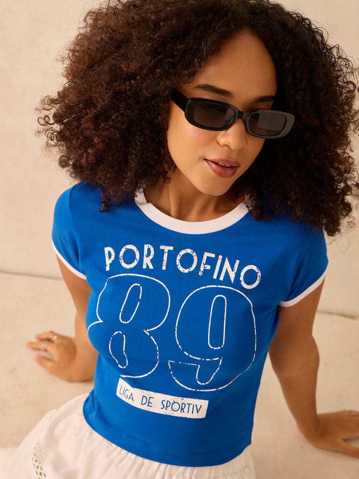 Blue Raglan Cropped Top With Graphic Print