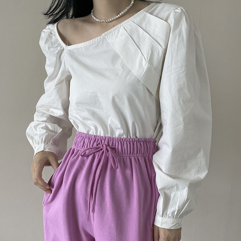 White Assymetric Nwck With Pleats Top