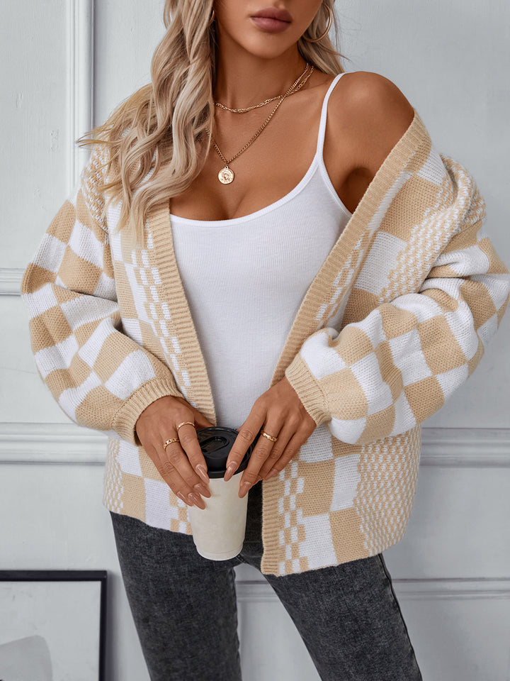 Beige Full Sleeves Checkered Cardigan
