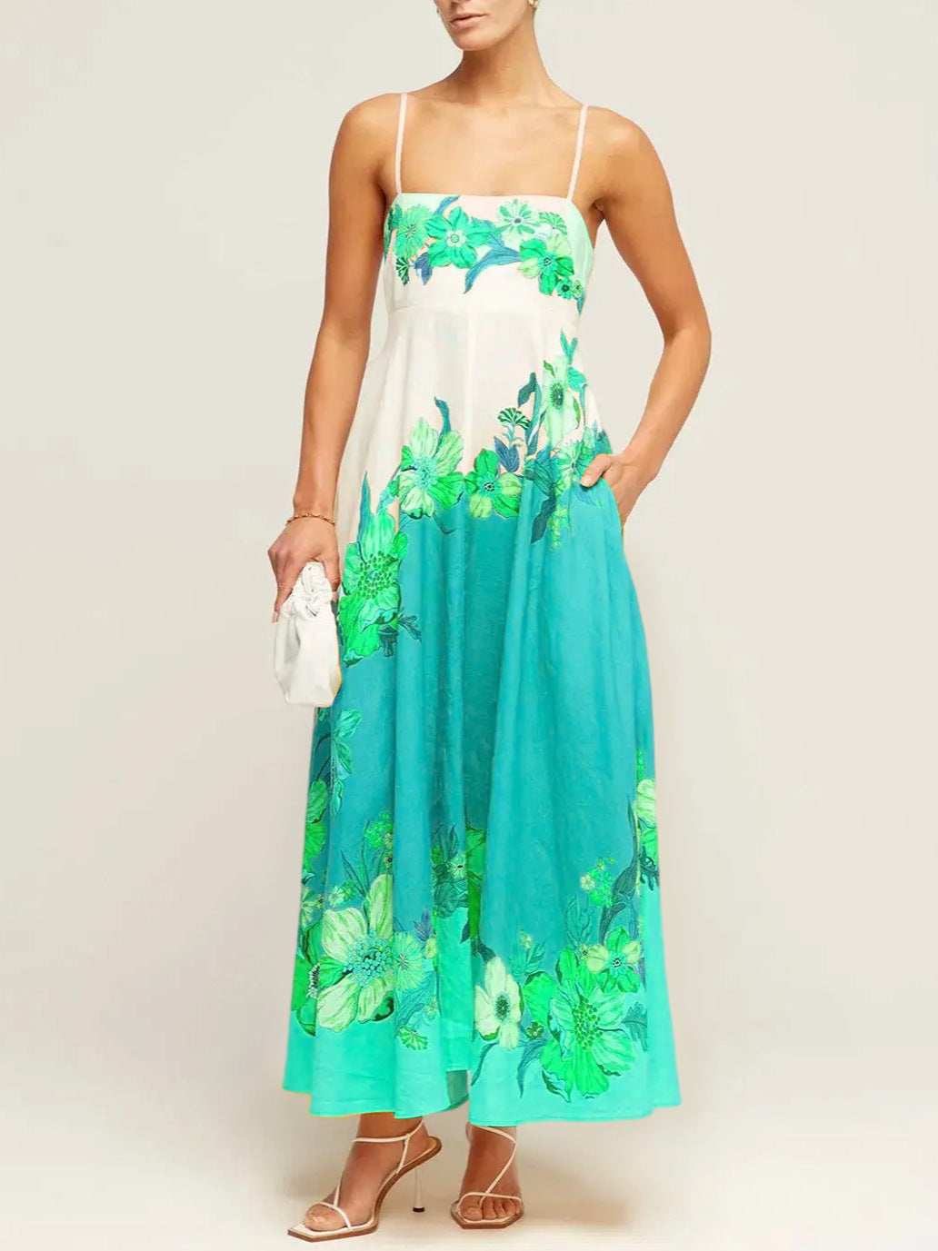 Blue Palcement Print Floral Fit And Flare Maxi Dress