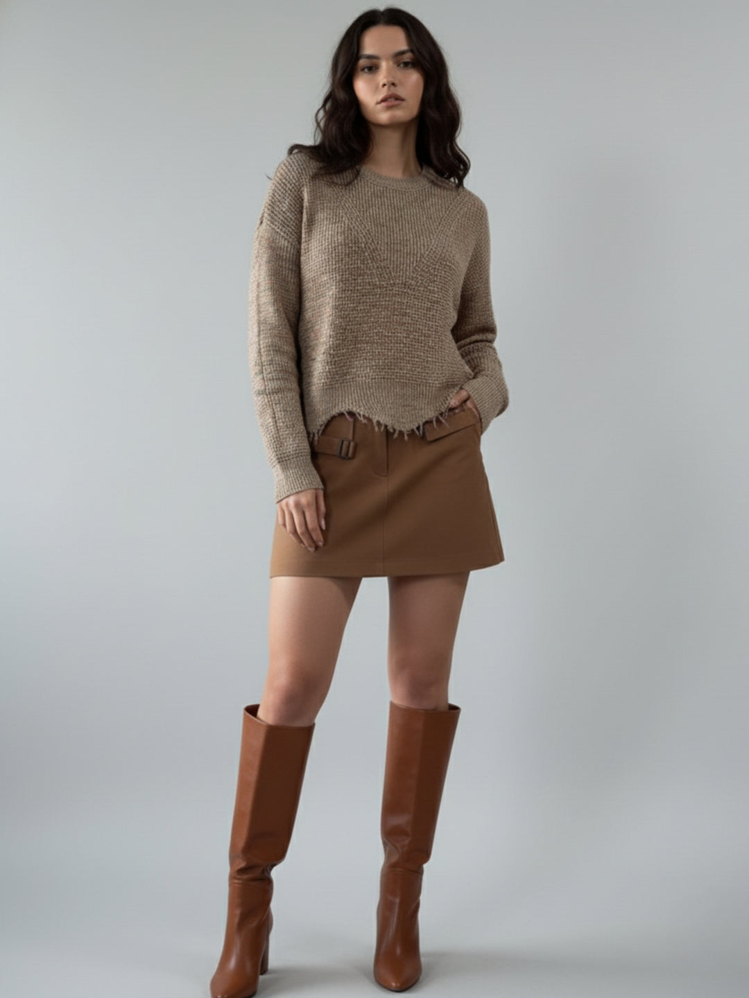 Beige Full Sleeve Crew Neck Fringe Hem Sweater