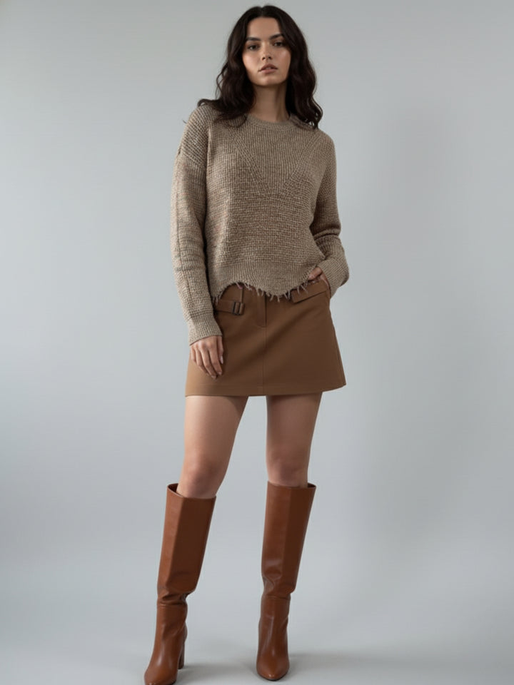Beige Full Sleeve Crew Neck Fringe Hem Sweater