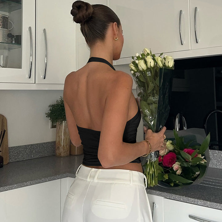 Black Halter Neck Ribbed Tank Top