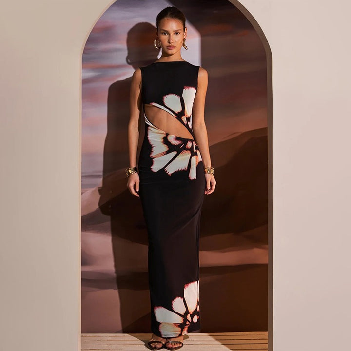 Black Front Cut Out Floral Print Slim Dress