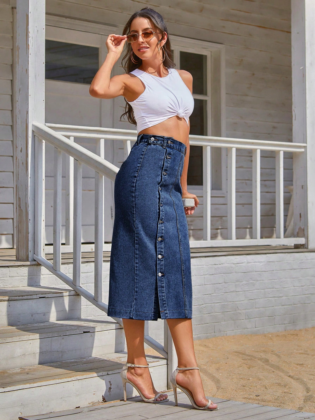 Blue Button Up Thigh High Slit Denim Skirt
