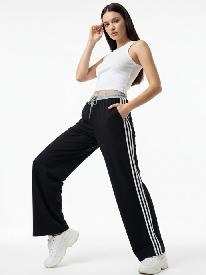 Black Contrast Waist Band Side Stripe Pant