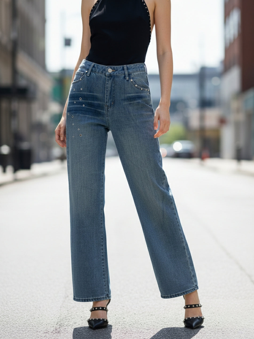 Blue High Waist Wide Leg Jeans