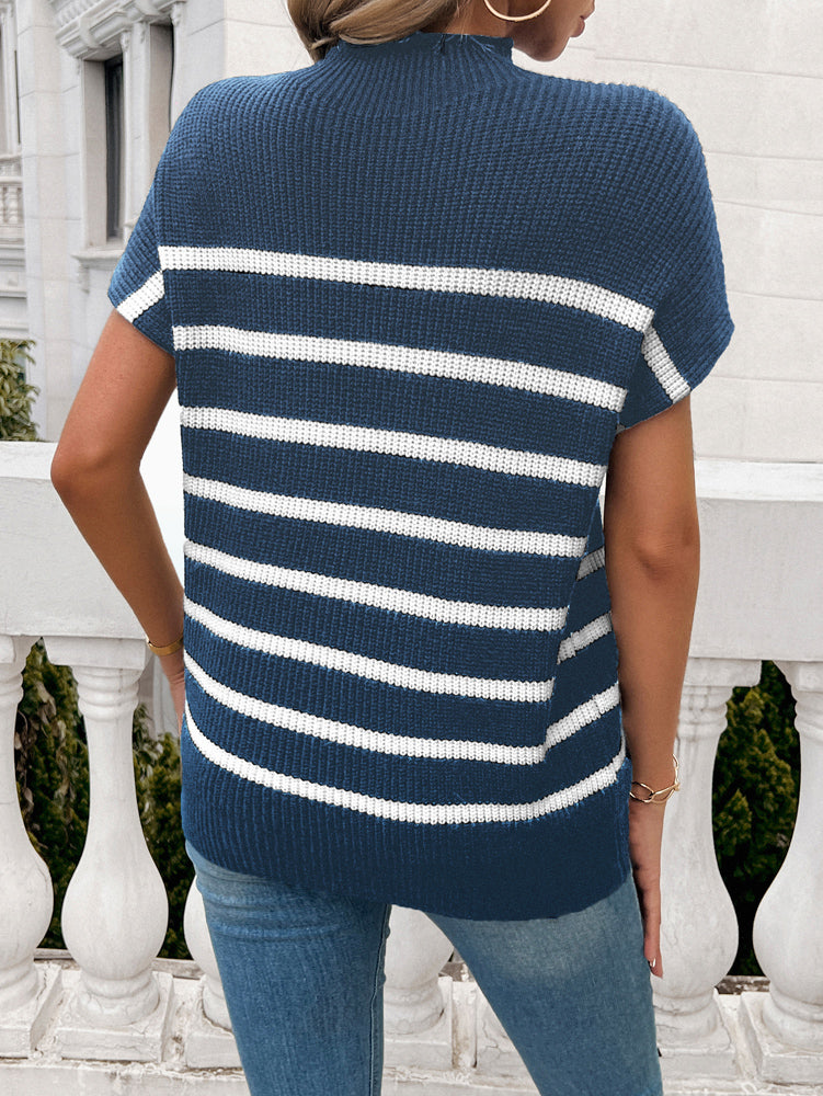 Blue High Neck Striped Top