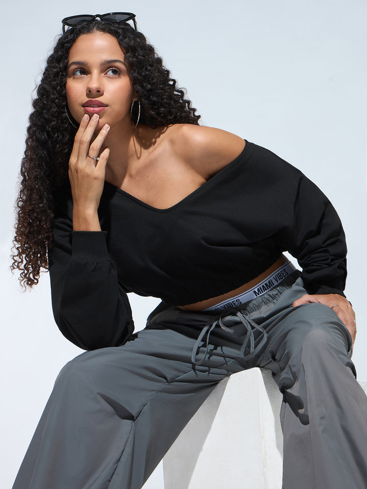 Black V Neck Cropped Sweatshirt
