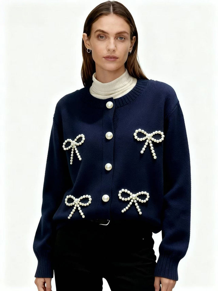 Navy Blue Full Sleeve Front Buttoned Embellished Cardigan