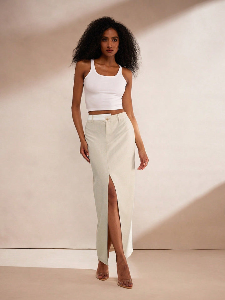 Cream High Waist Front Slit Skirt