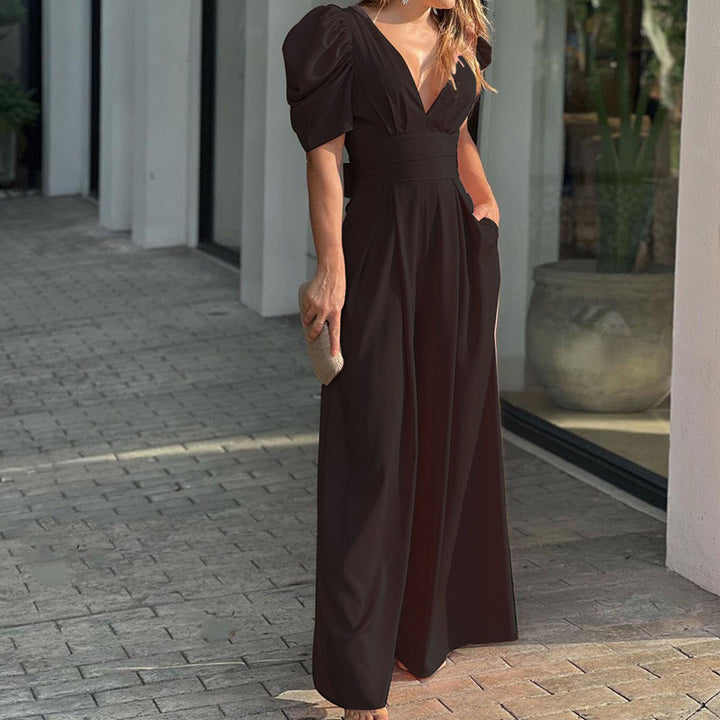 Black V Neck Wasit Band Fit Flare Dress