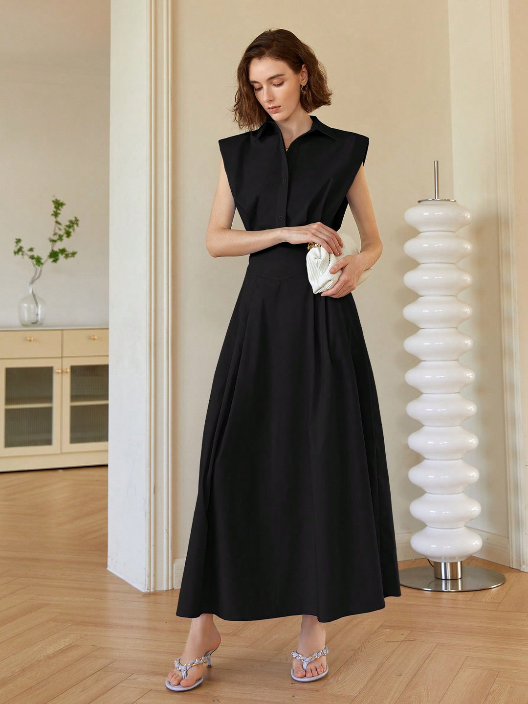 Black Front Button Shirt Style Sleeveless Dress