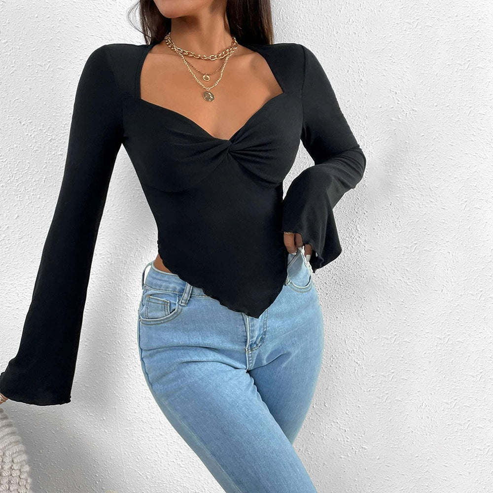 Black Bell Sleeve Asymmetrical Hem Top