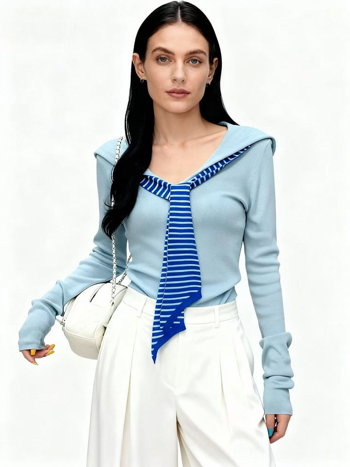 Light Blue Full Sleeve V Neck Tie Up Top