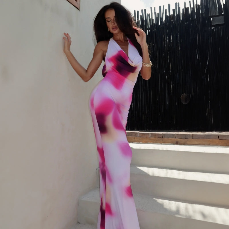 Pink Printed Cowl Neck Maxi