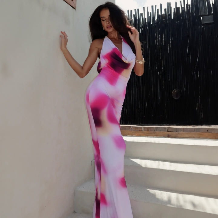 Pink Printed Cowl Neck Maxi