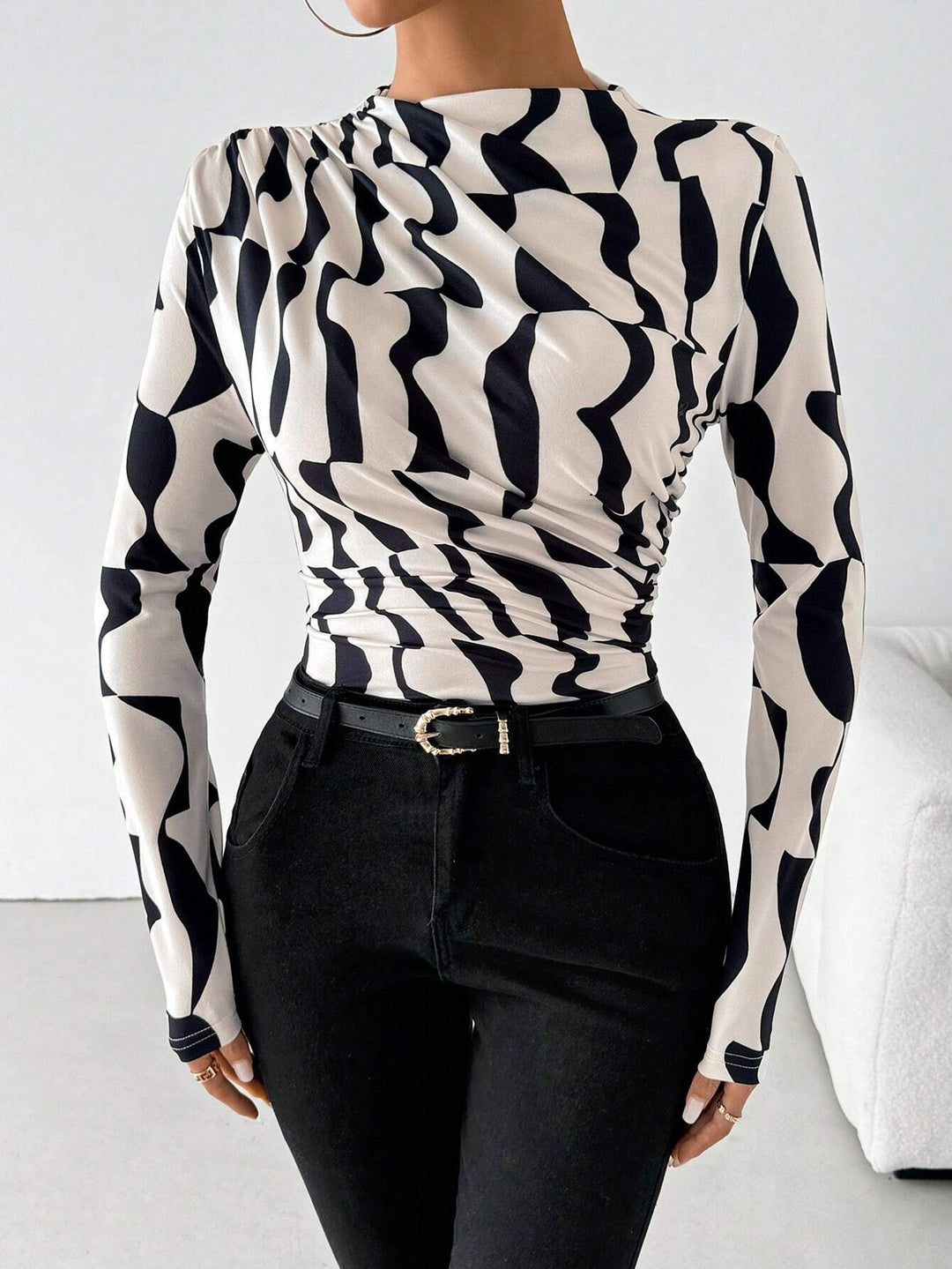 Off White Full Sleeve High Neck Printed Top