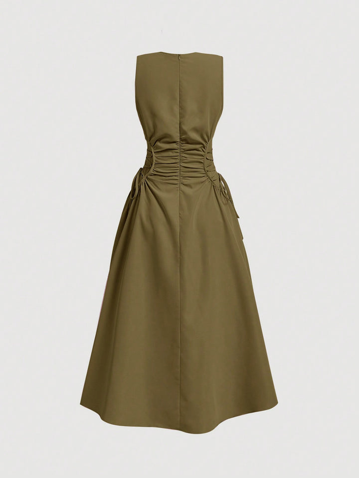 Green Elasticated Cinched Waist Dress