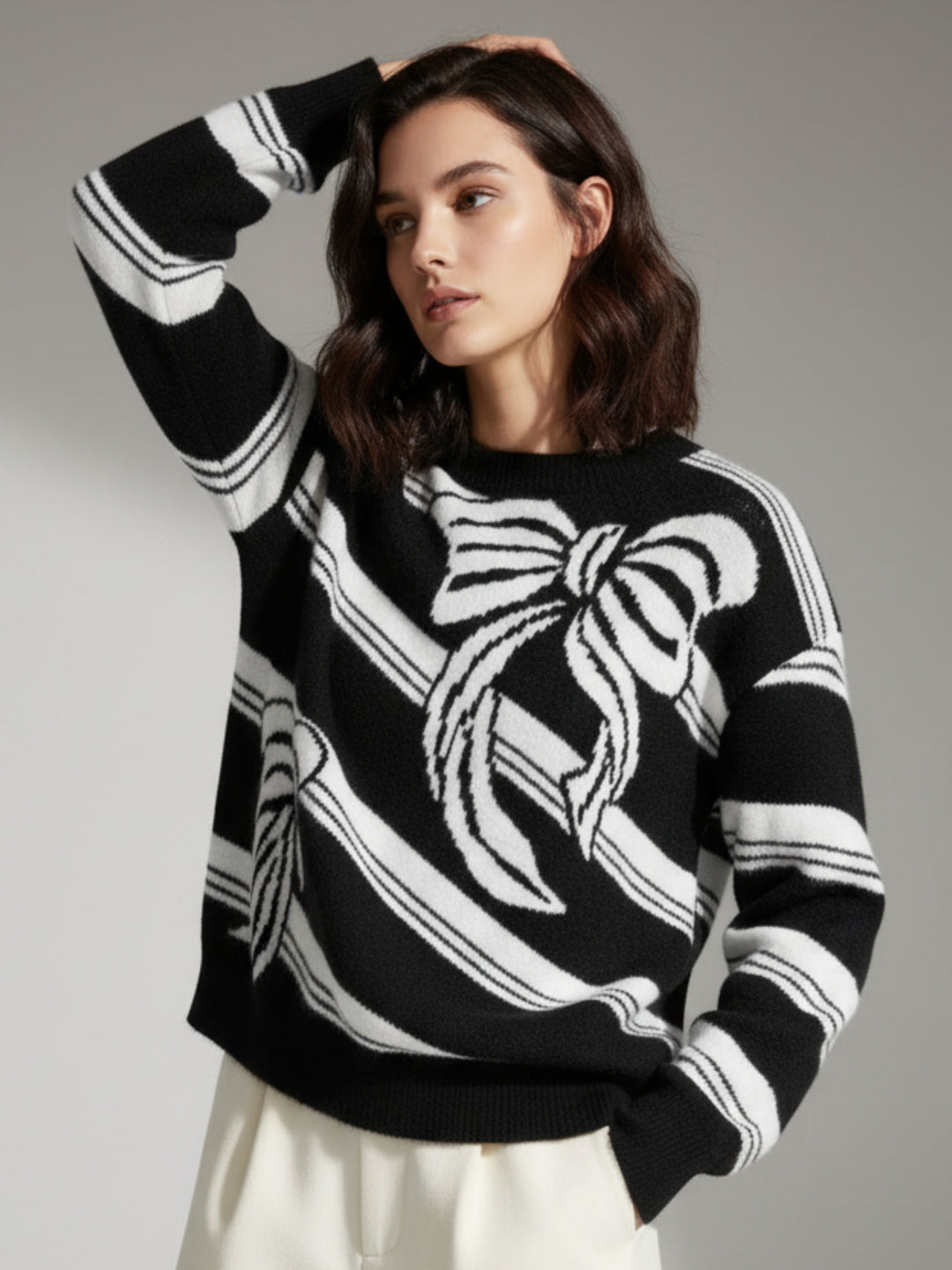 Black Full Sleeve Printed Slouchy Sweater