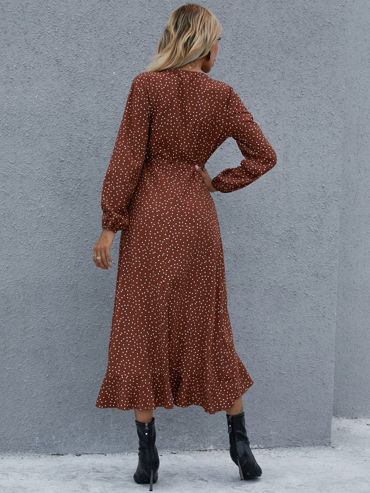 Brown Elastic Sleeve Polka Printed Slit Dress