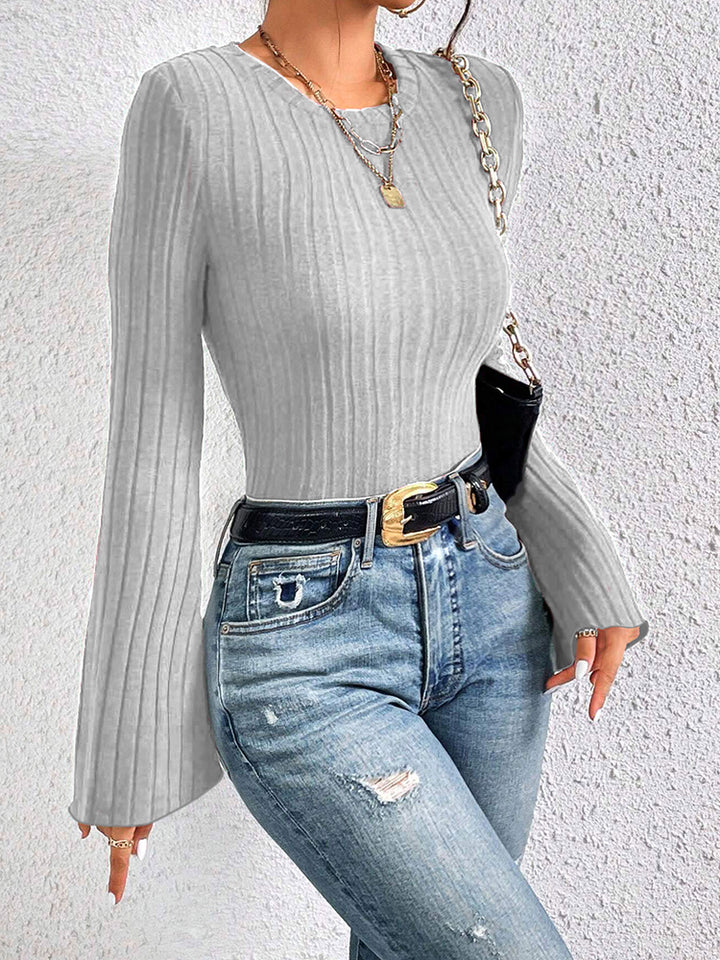 Grey Bell Sleeves Fitted Top