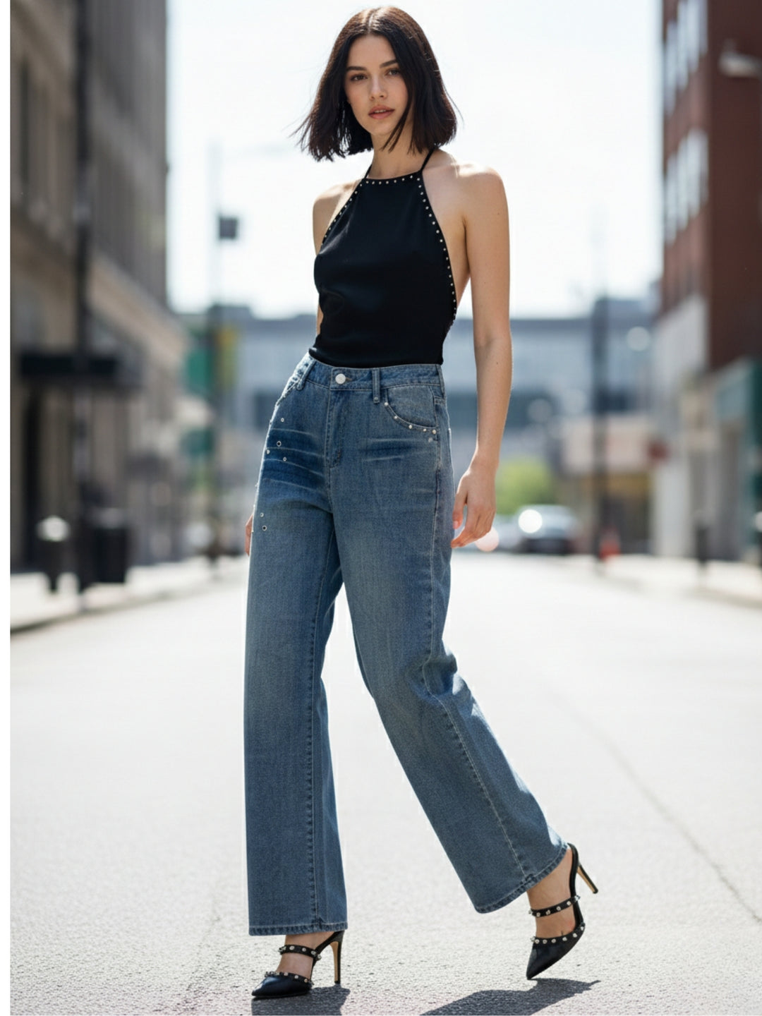 Blue High Waist Wide Leg Jeans
