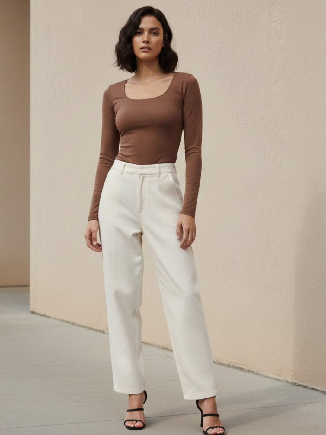 Brown Full Sleeve Round Neck Fitted Top