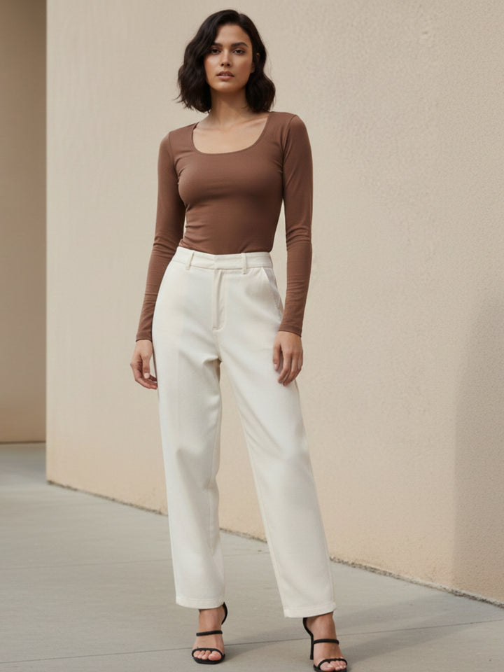 Brown Full Sleeve Round Neck Fitted Top