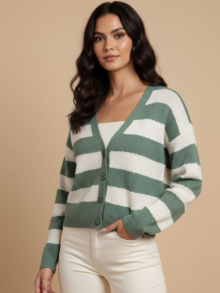 Green Striped Boxy Cardigan