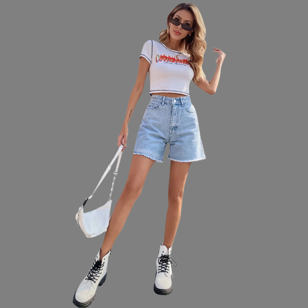 Light Blue Denim Shorts With Freyed Hem