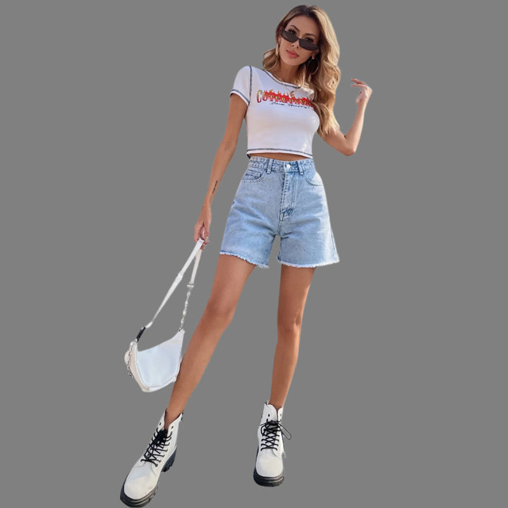 Light Blue Denim Shorts With Freyed Hem