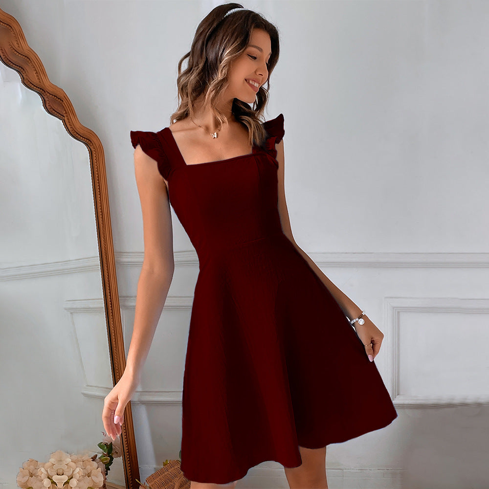 Wine Ruffle Sleeve Dress