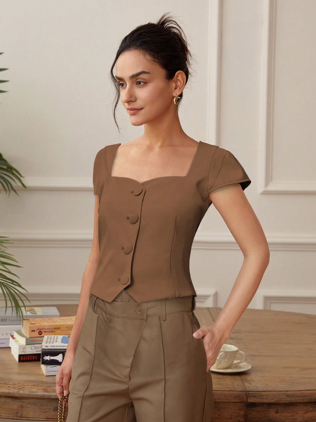 Brown Front Button  Top