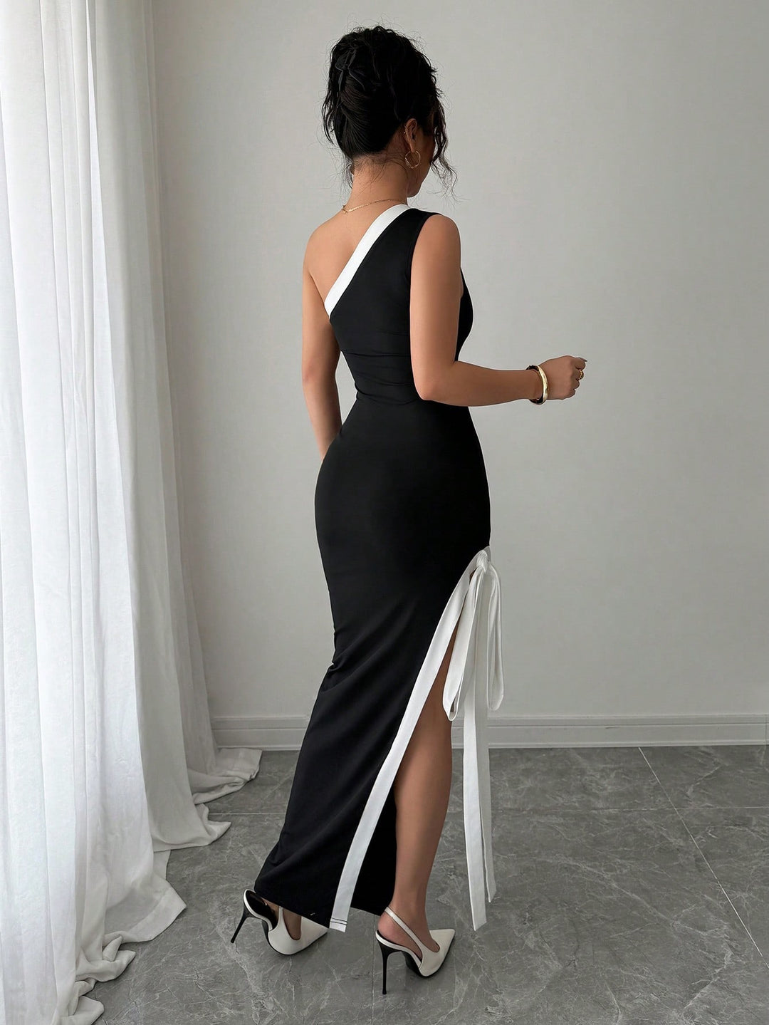 Black Contrast Rib Slit Dress