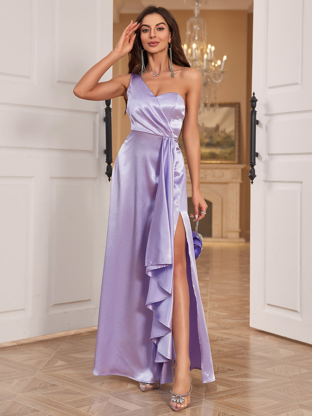 Purple One Shoulder Satin Maxi Dress with Side Slit