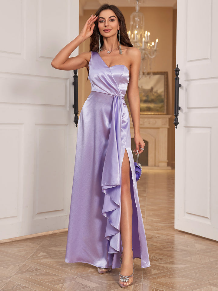 Purple One Shoulder Satin Maxi Dress with Side Slit