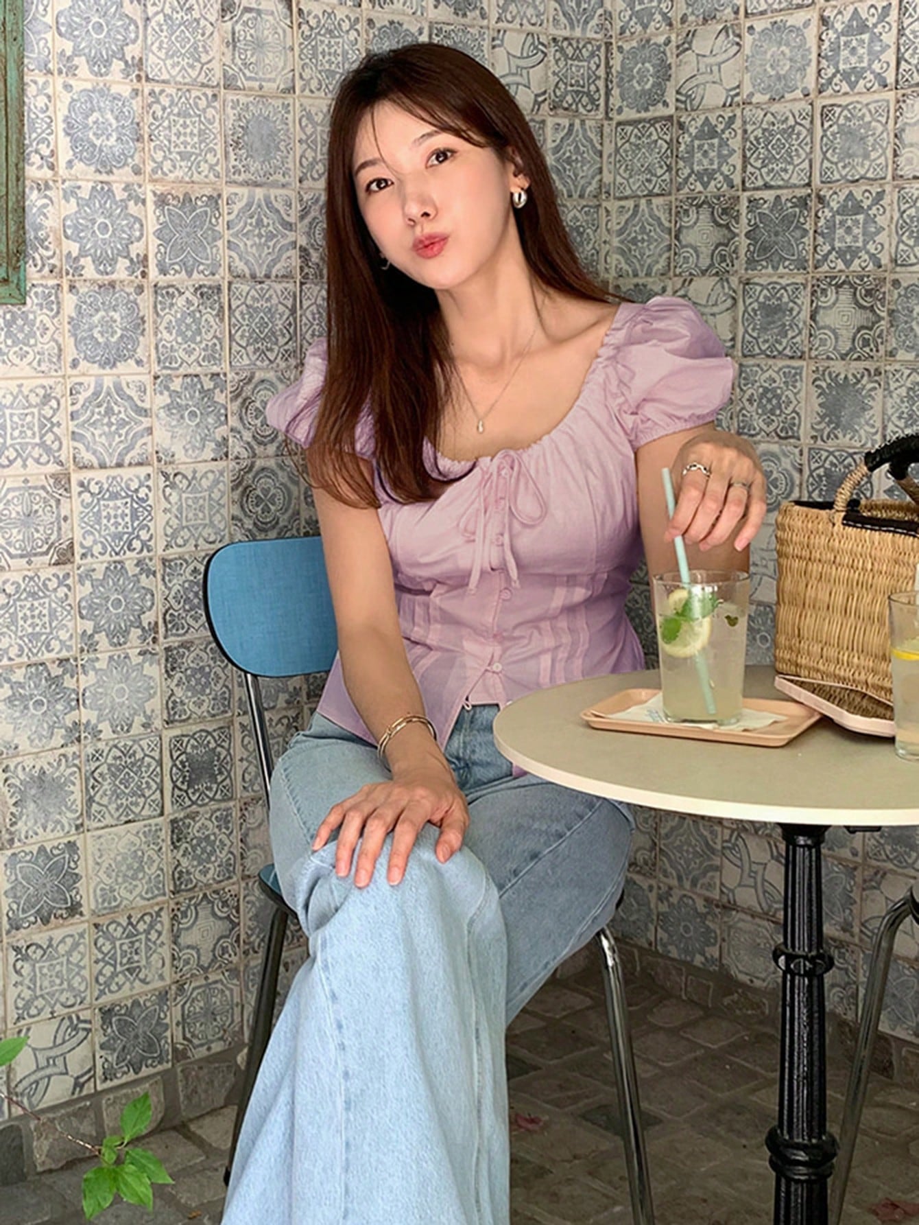 Lavender Puff Sleeve Front Tie Up Top