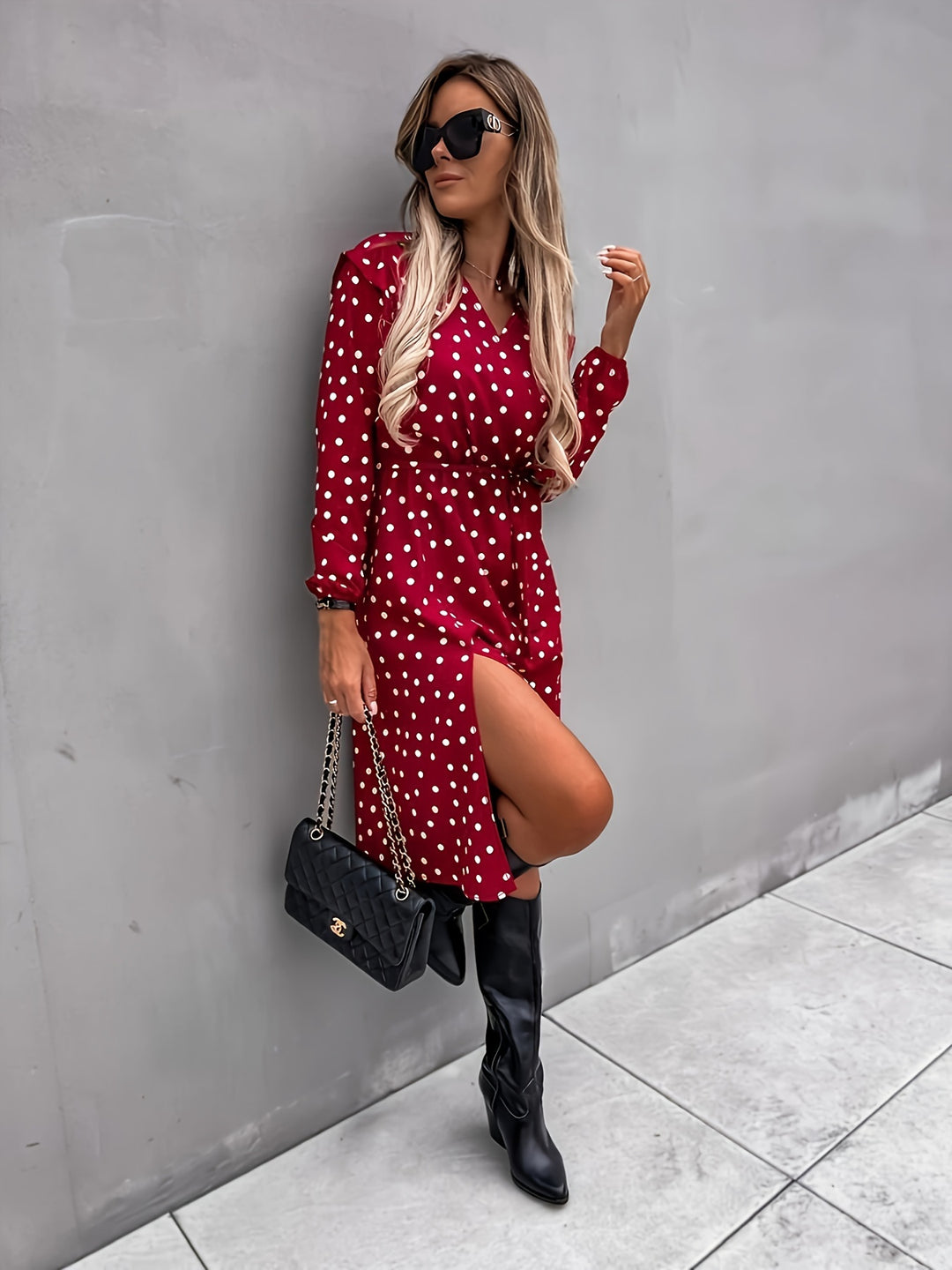 Red Printed Wrap Dress With Slit Detail