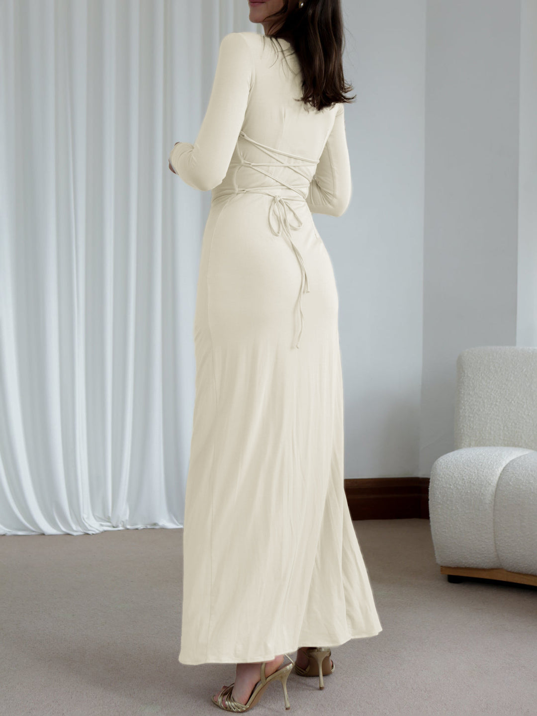 Cream High Neck Side Ruched Dress