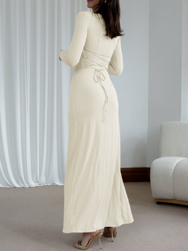 Cream High Neck Side Ruched Dress