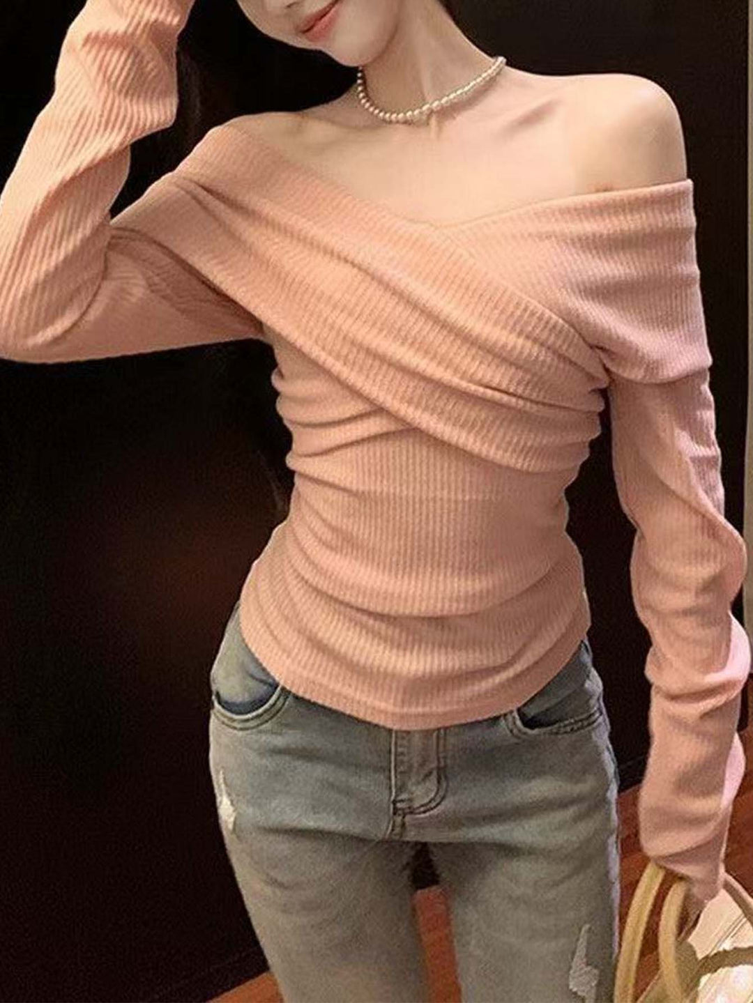 Pink Off-Shoulder Ribbed Knit Top