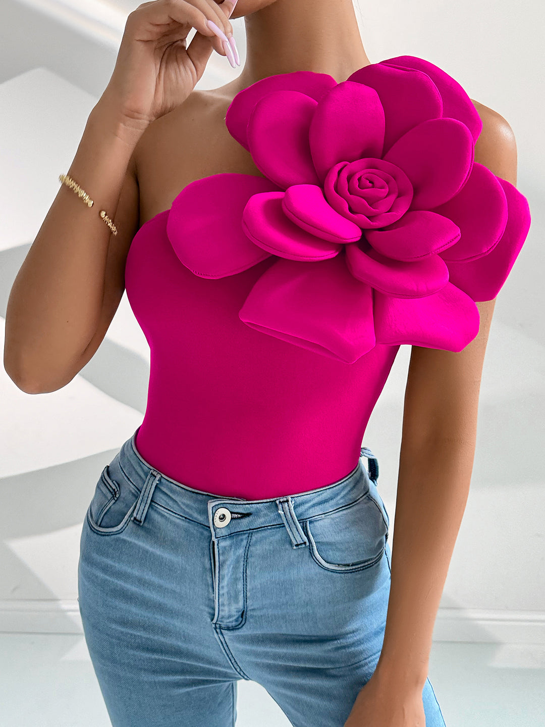 Pink One Shoulder Flower Attached Top