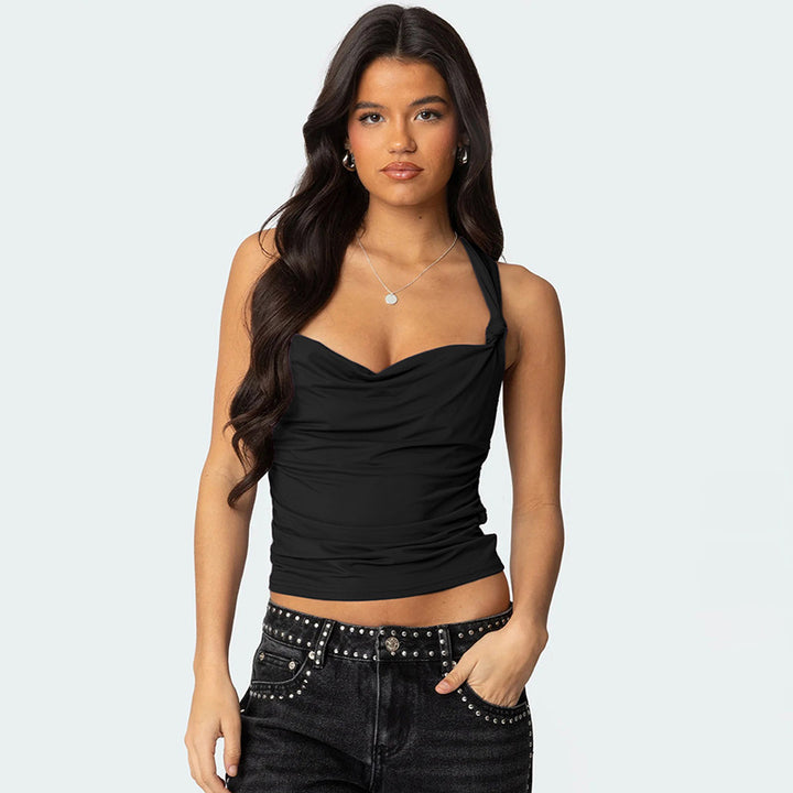 Black Ruched Crop Top With Thin Straps