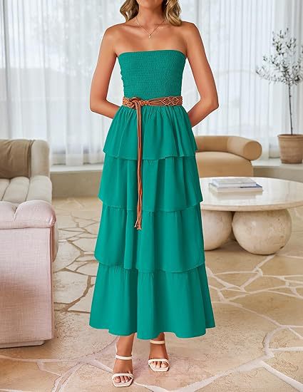 Green Tube Smoked Dress With Ruffled Layers