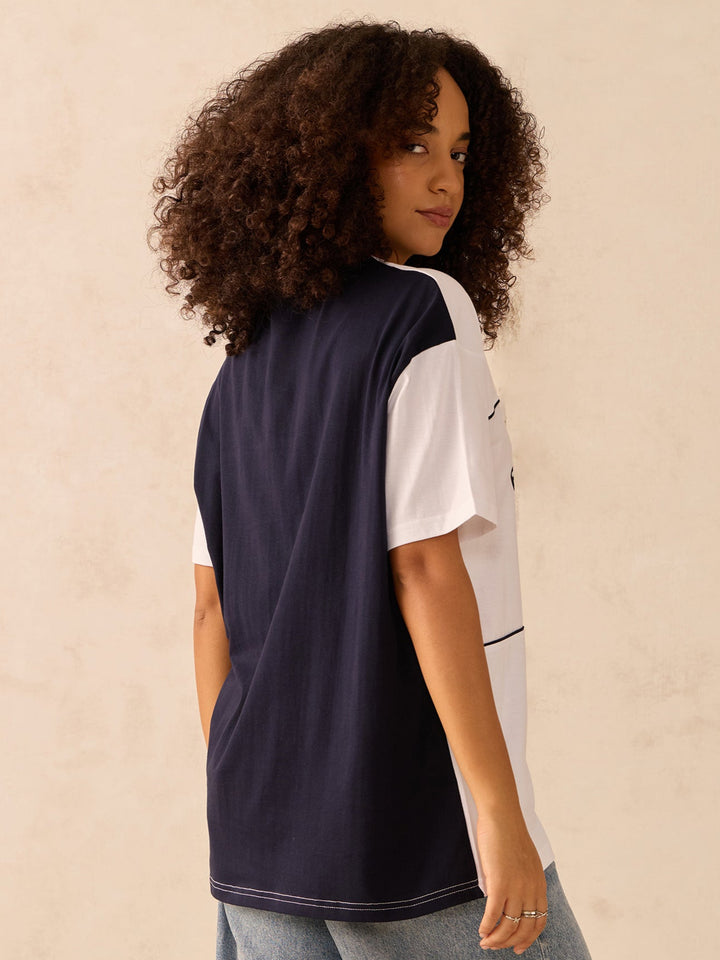 Navy Blue Oversized T-Shirt With Graphic And Cut & Sew Highlights